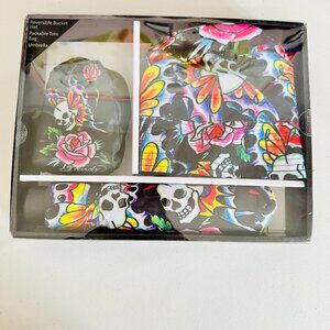 NEW ED HARDY REVERSIBLE BUCKET HAT PACKABLE TOTE BAG UMBRELLA 3 PIECE GIFT SET